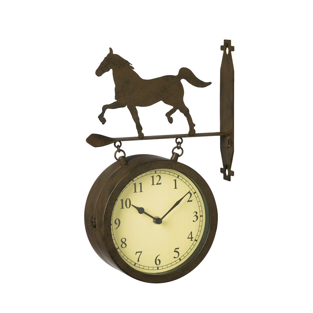 Evergreen 2 Sided Outdoor Wall Clock And Thermometer With Horse