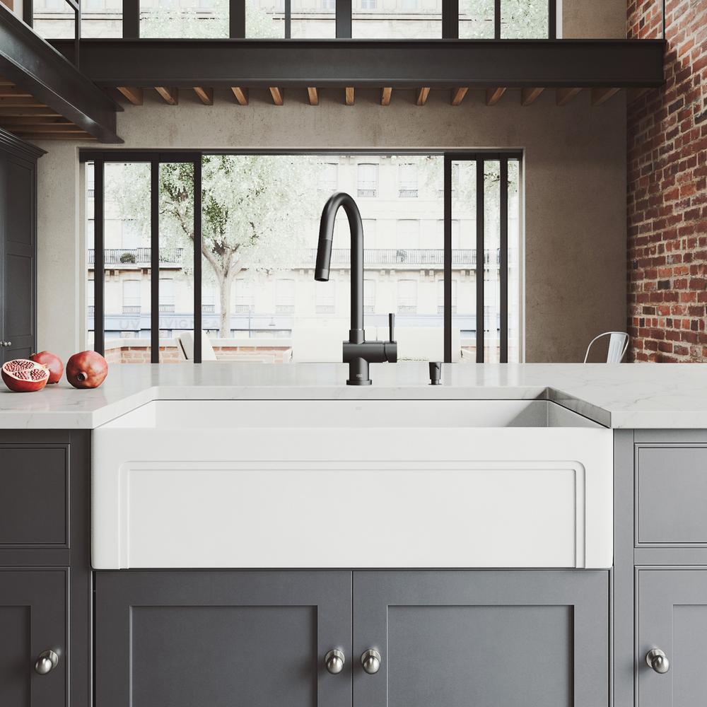 Vigo All In One Farmhouse Matte Stone 36 In Single Bowl Kitchen Sink With Gramercy Faucet In Matte Black