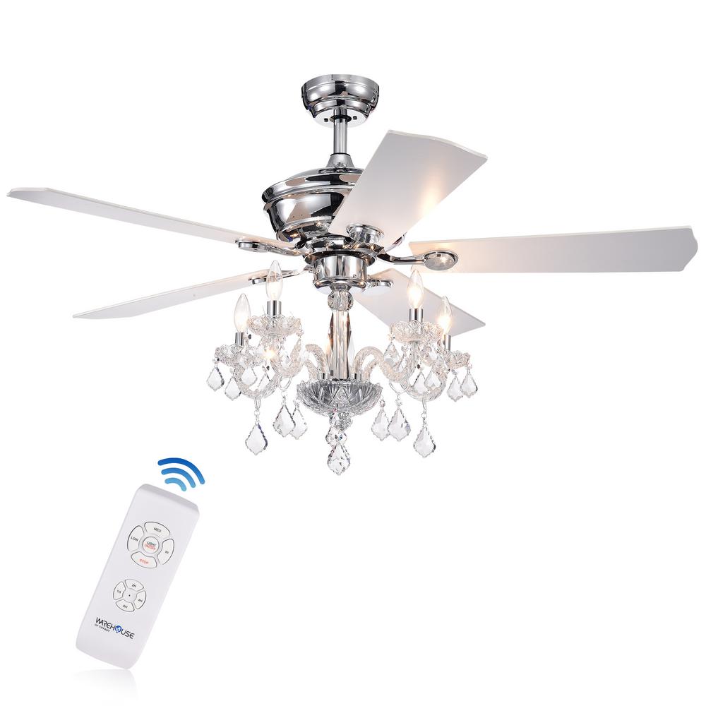 Warehouse Of Tiffany Havorand Iii 52 In Indoor Chrome Remote Ceiling Fan With Light Kit And Crystal Branched Chandelier