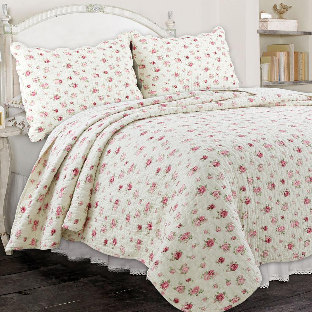 Cozy Line Home Fashions Soft Subtle Ditsy Rose Floral Garden 3 Piece Pink Cream Scalloped Shabby Chic Cotton King Quilt Bedding Set Bb01005239k The Home Depot
