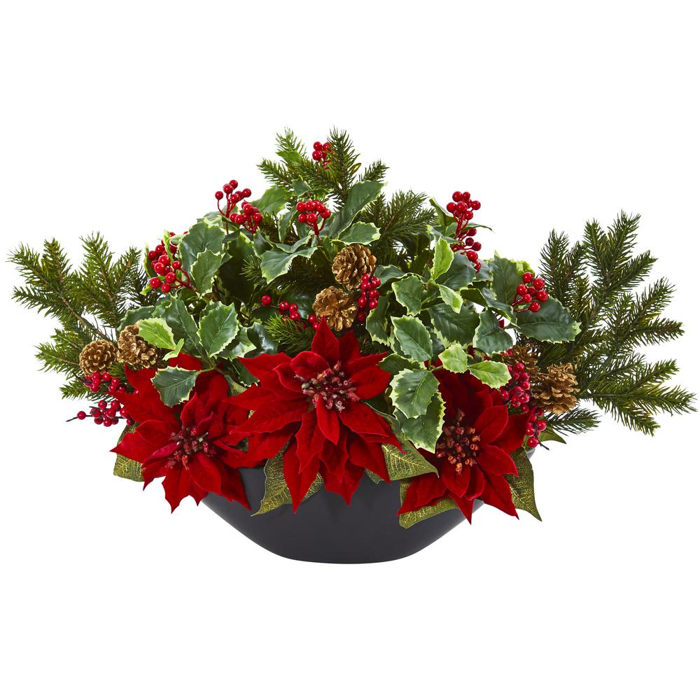 Nearly Natural 17 in. Poinsettia, Holly, Berry and Pine Artificial