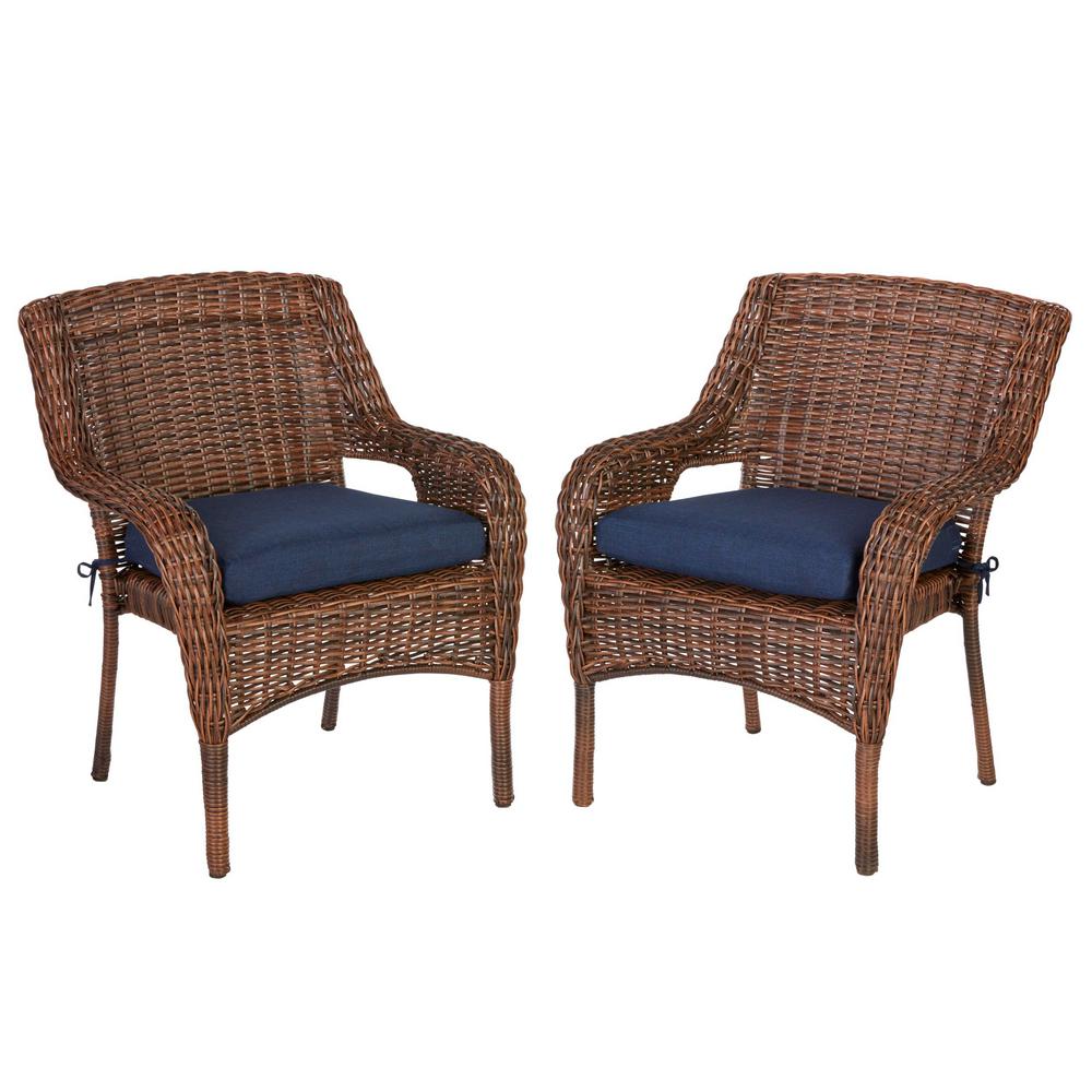 Hampton Bay Cambridge Brown Wicker Outdoor Dining Chair with Blue