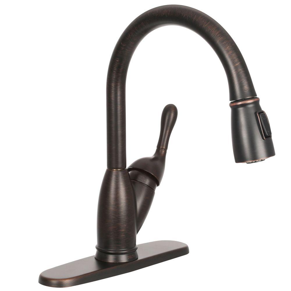 Delta Izak Single Handle Pull Down Sprayer Kitchen Faucet In Venetian Bronze 19939 Rb Dst The Home Depot