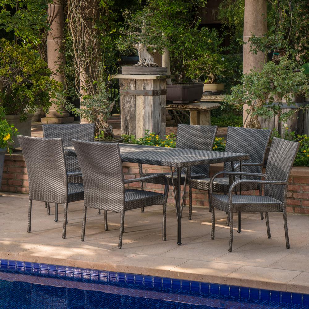 Noble House Macy Grey 7 Piece Wicker Outdoor Dining Set With
