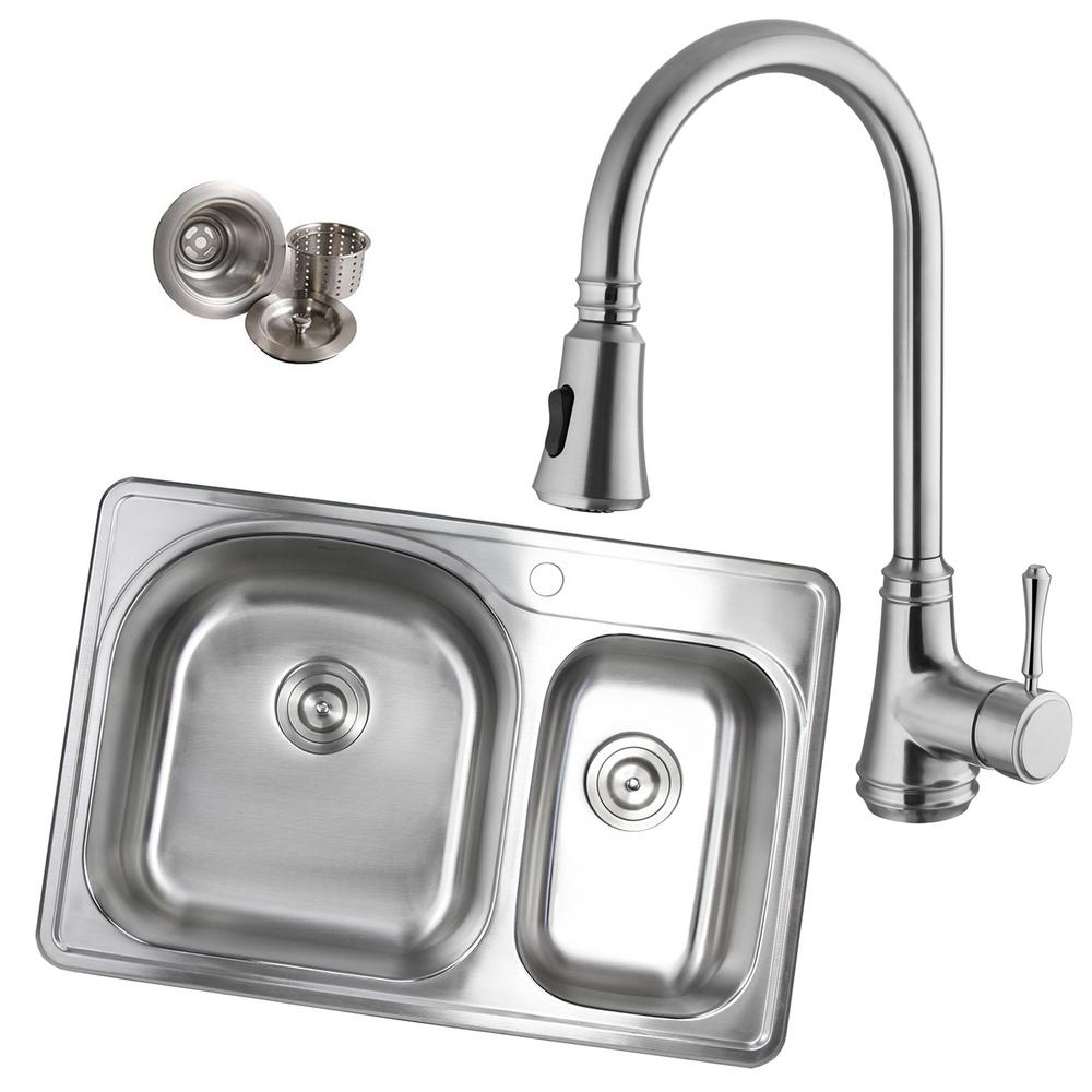 Emoderndecor Topmount Drop In 18 Gauge Stainless Steel 33 In X 22 In 1 Hole 70 30 Offset Double Bowl Kitchen Sink With Faucet