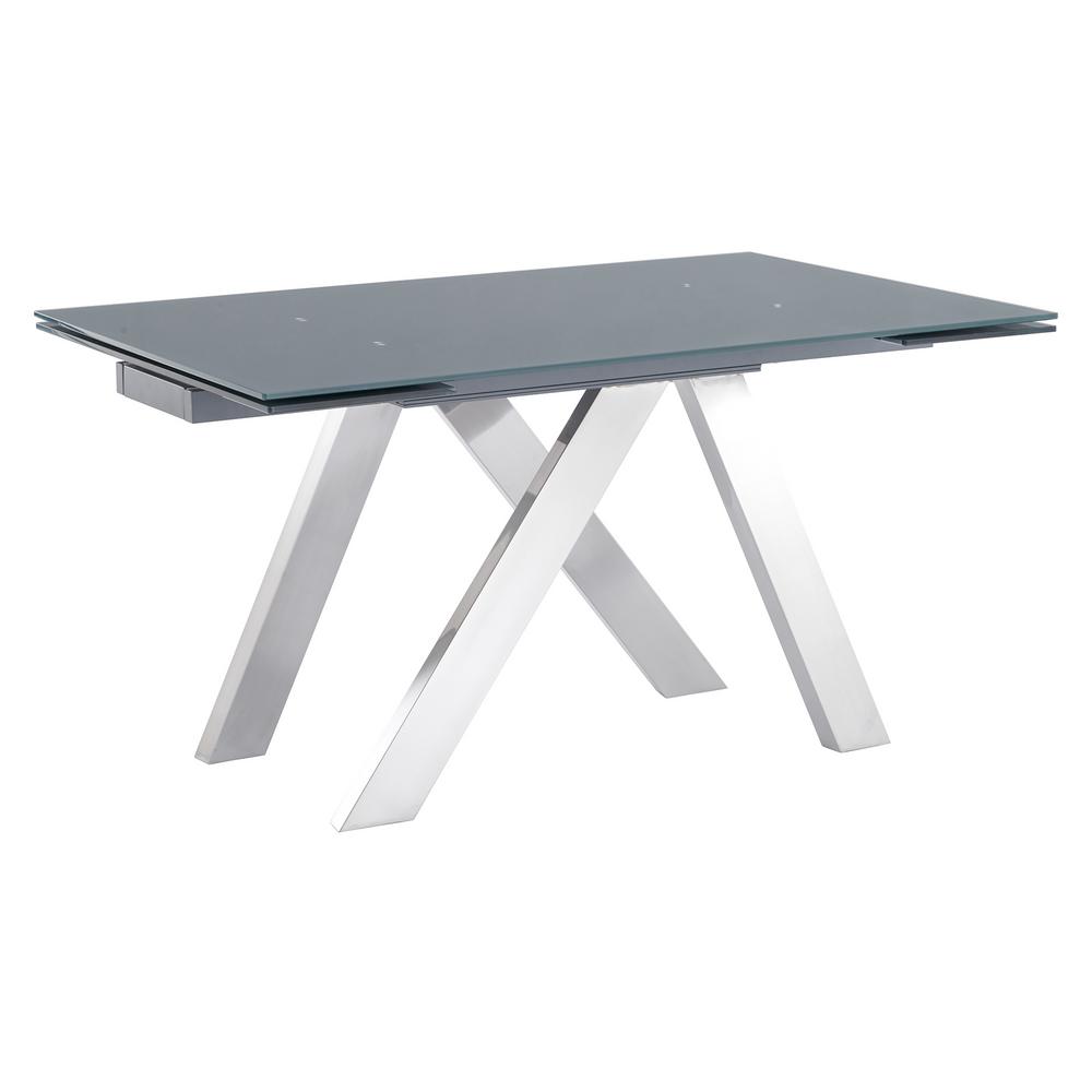 Armen Living Imara Brushed Stainless Steel And Grey Tempered Glass Top Contemporary Extension Dining Table 721535737888 The Home Depot