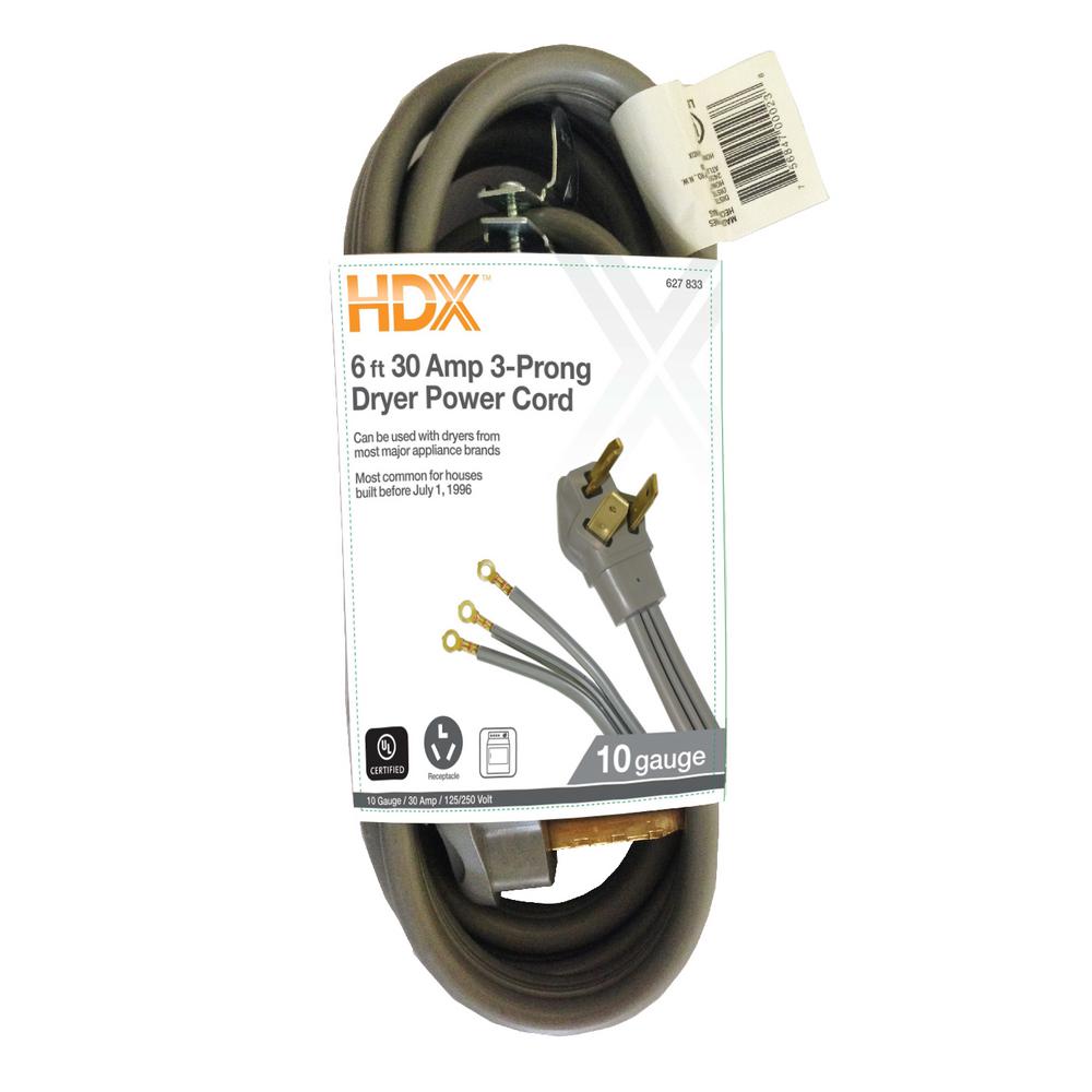 HDX 6 ft. 30 Amp 3Prong Dryer Power CordHD627833 The Home Depot