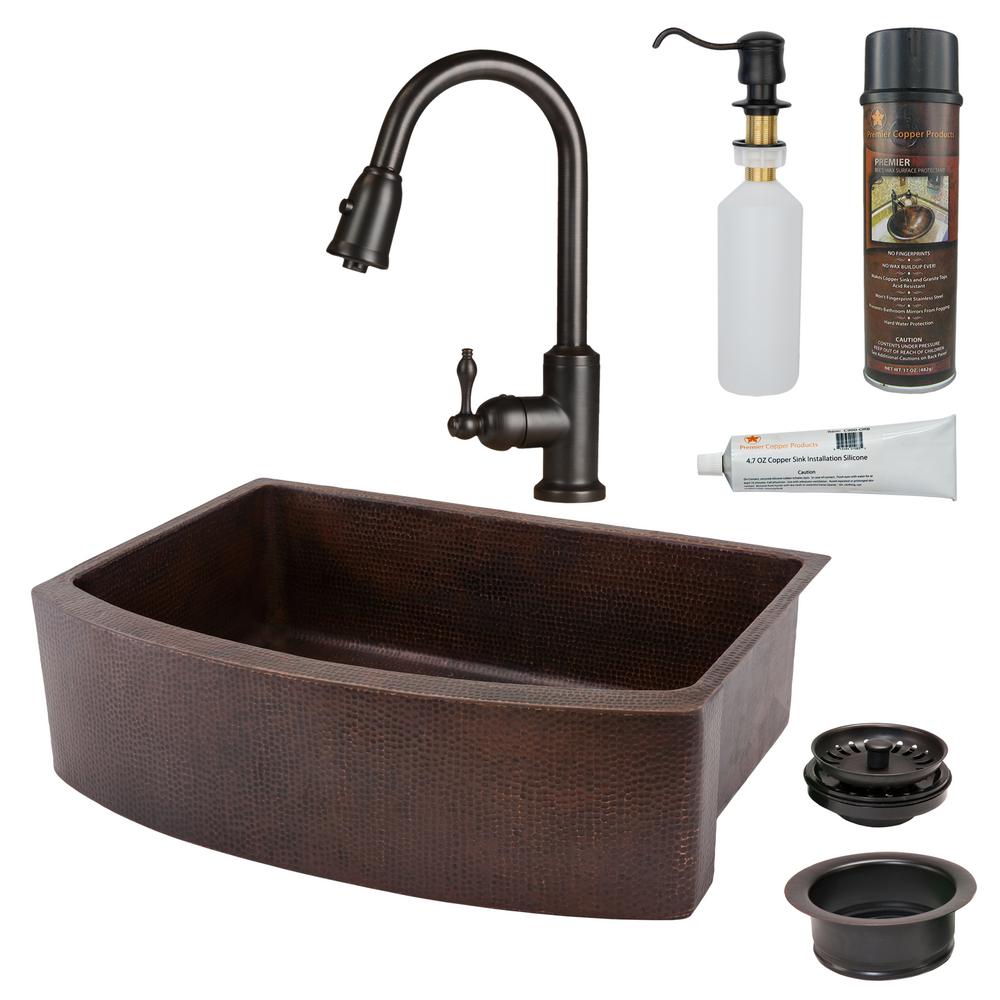 Premier Copper Products All In One Copper 30 In Single Bowl Rounded Kitchen Farmhouse Apron Front Sink With Faucet In Orb