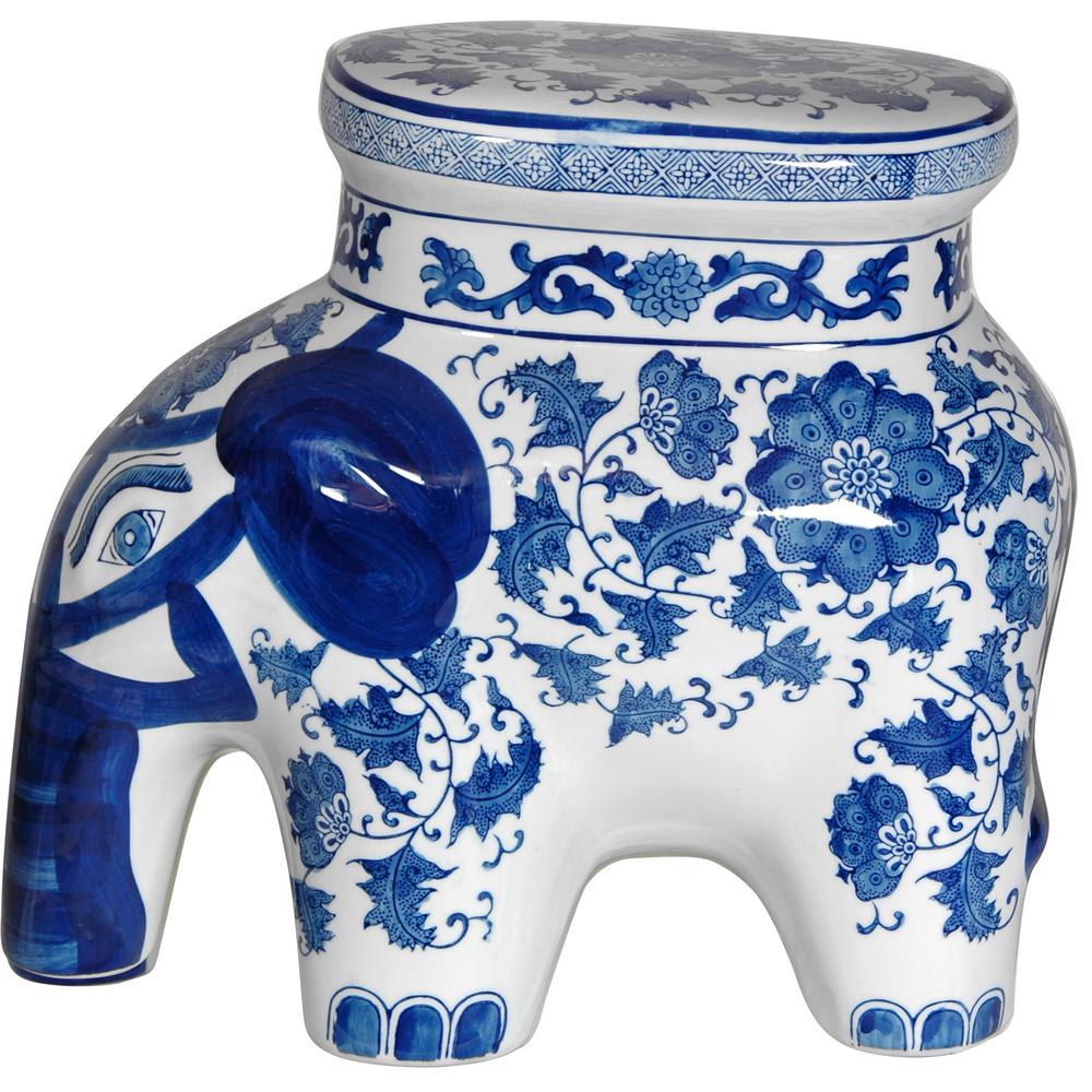 Oriental Furniture 14 In Fl Blue And White Porcelain Elephant Fl Blue And White Porcelain Elephant Stool