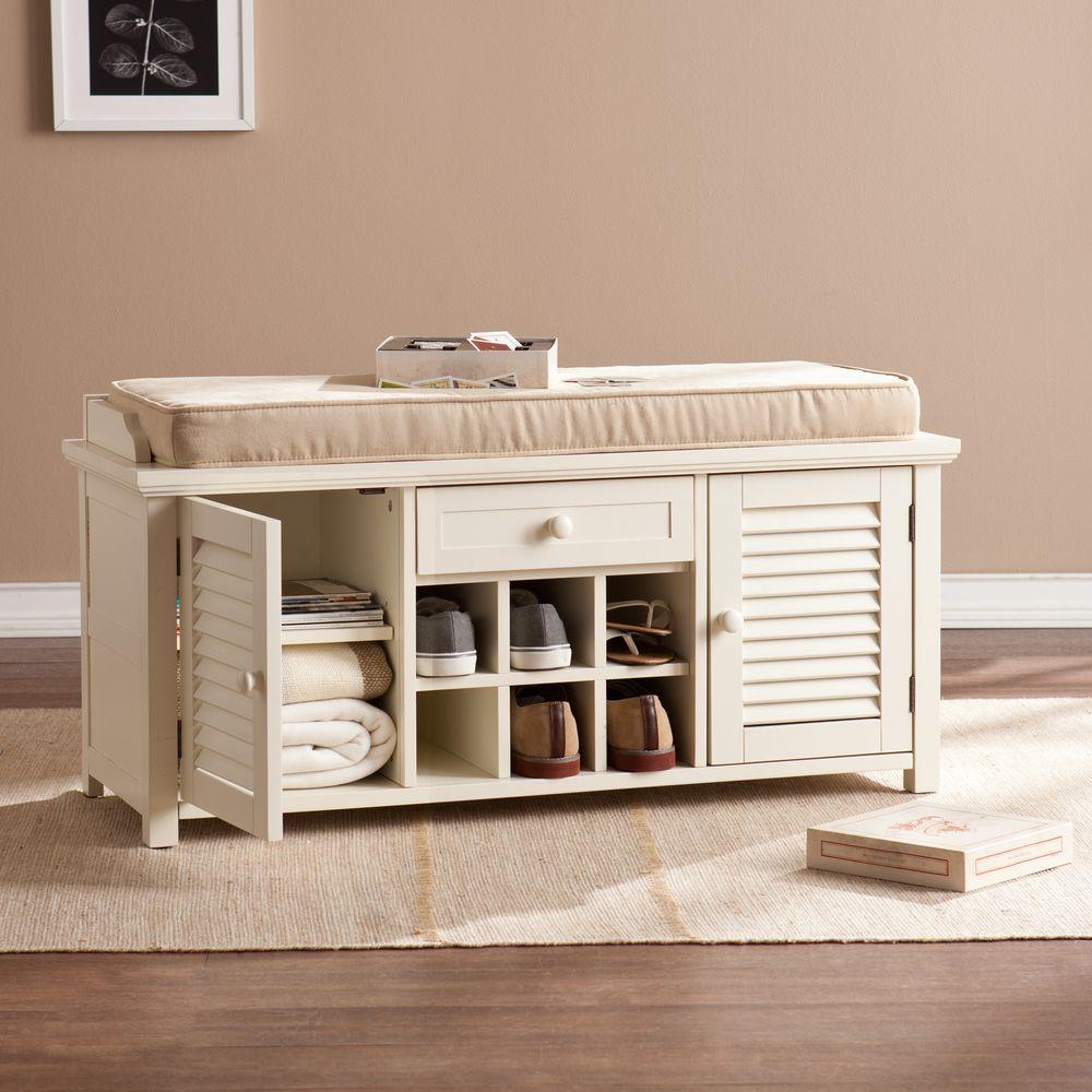 Southern Enterprises Joshua Antique White Shoe Storage Bench