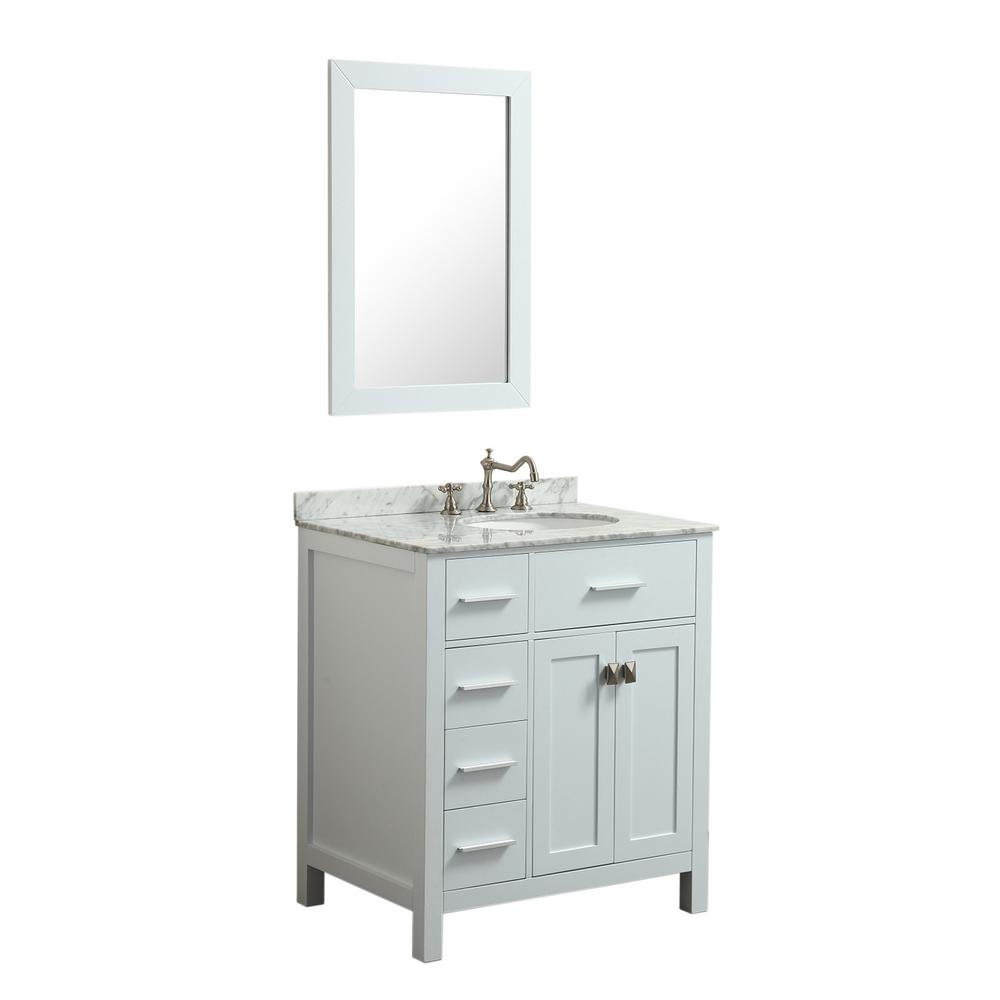 Bosconi 30 In W Single Bath Vanity White With Carrara Marble Top Basin And Mirror