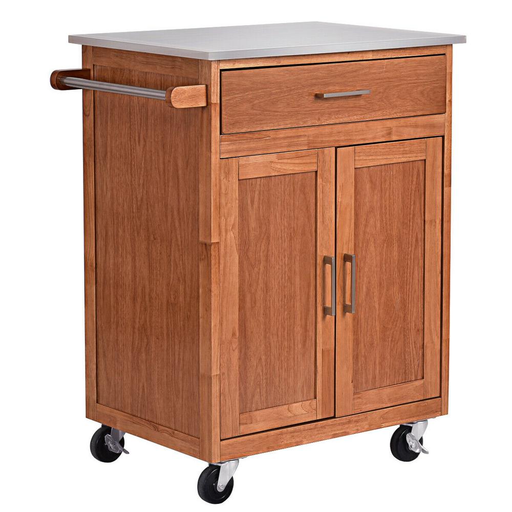 Costway Natural Wood Kitchen Trolley Cart Island Stainless Steel Top Rolling Storage Cabinet Island New Kc43383 The Home Depot