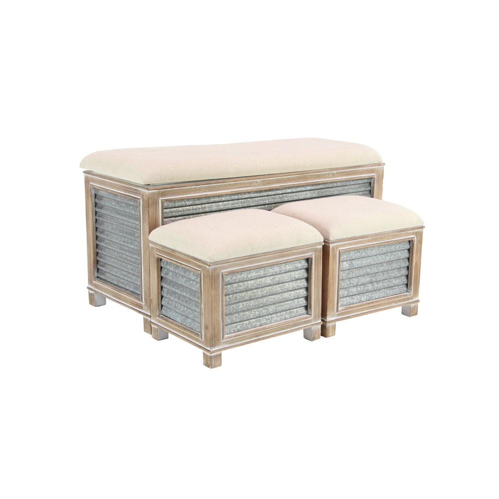 Litton Lane Gray Corrugated Iron Storage Benches With Brown Litton Lane Gray Corrugated Iron Storage Benches With Brown Cushioned Seats Set Of 3