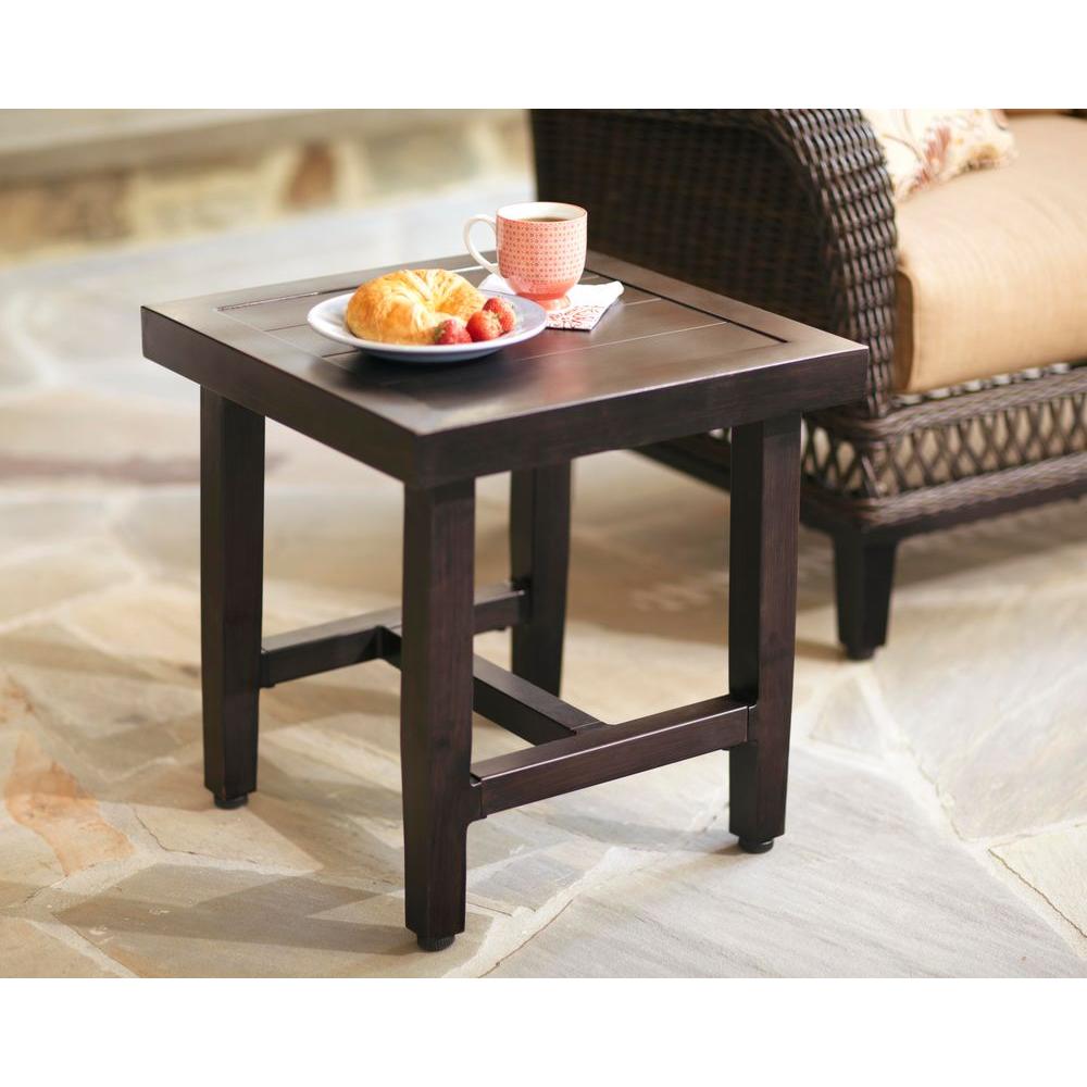 Hampton Bay Whitfield 23 in. Square Dark Brown Metal Outdoor Side Table
