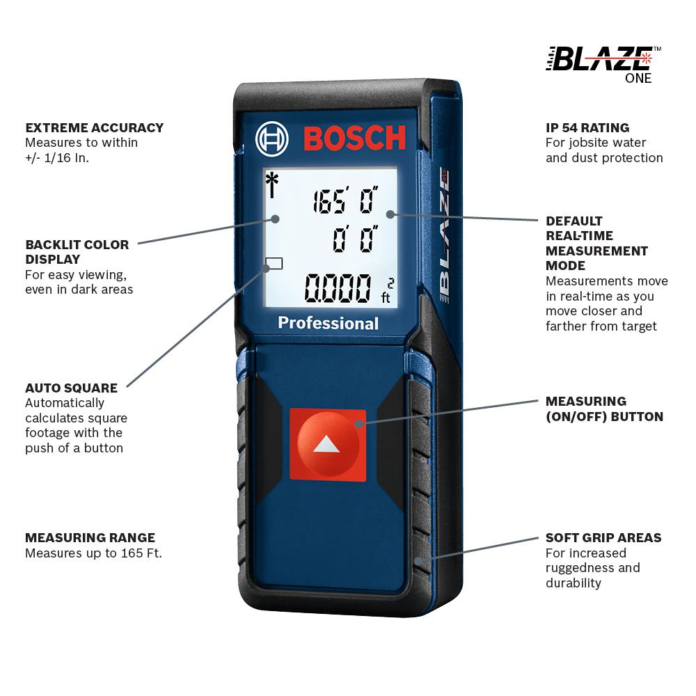 Bosch Blaze One 165 Ft Laser Measurer With Auto Square Footage