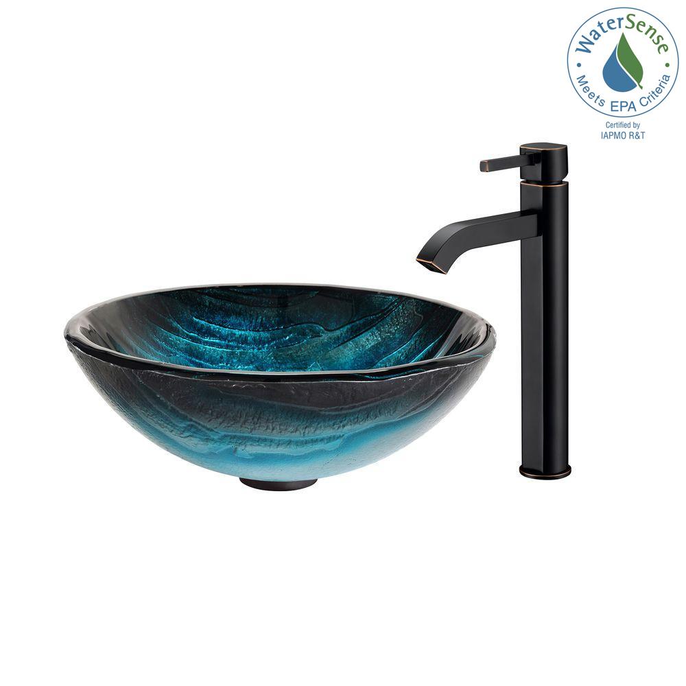 Kraus Ladon Glass Vessel Sink In Blue With Ramus Faucet Oil Kraus Ladon Glass Vessel Sink In Blue With Ramus Faucet Oil Rubbed Bronze