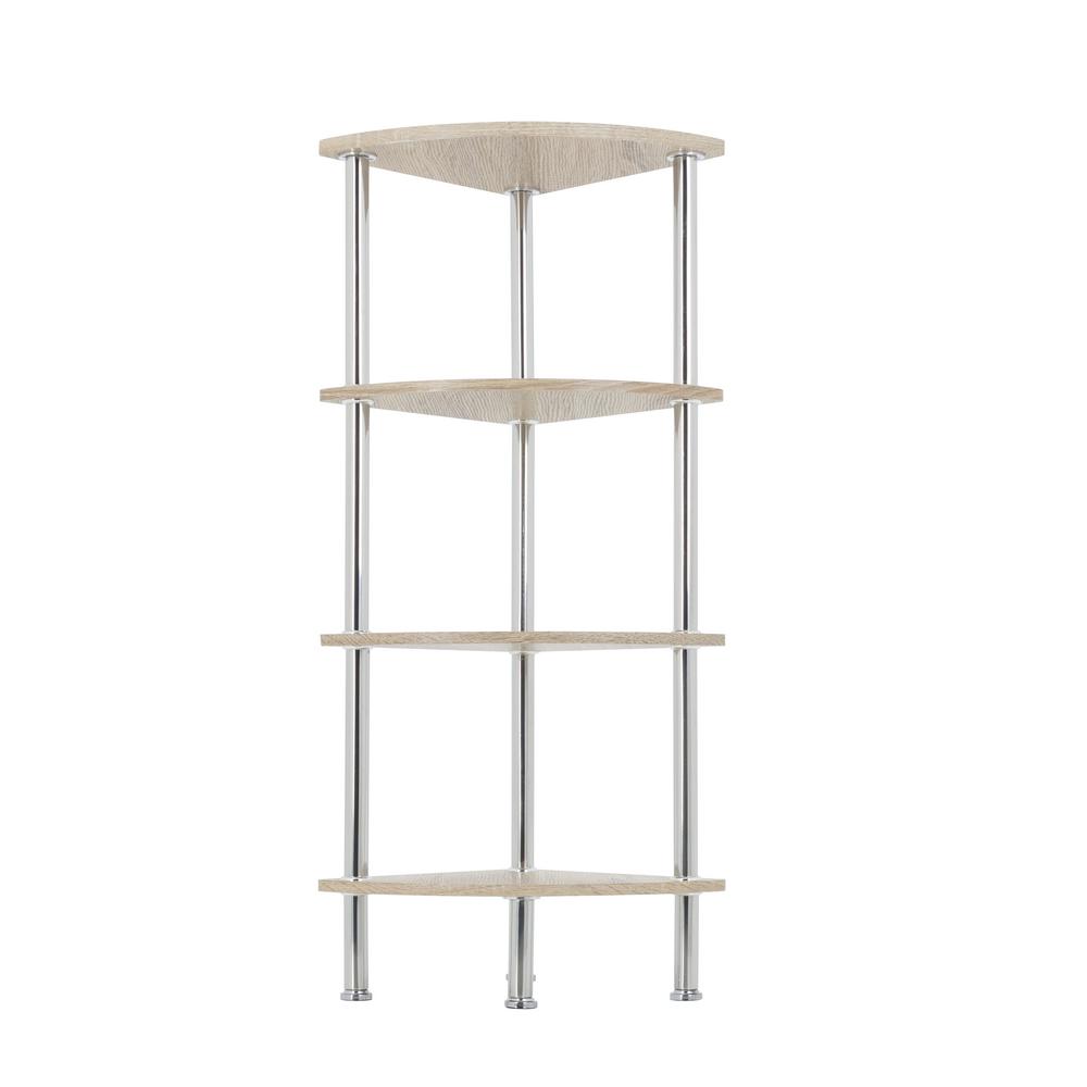 Whitewashed Oak And Chrome Corner 4 Tier Shelving Unit