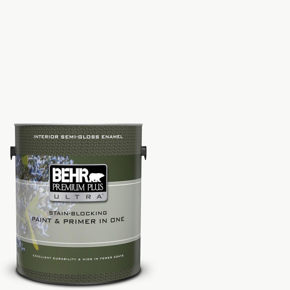 BEHR Premium Plus Ultra 1 Gal. Ultra Pure White Semi-Gloss Enamel ...