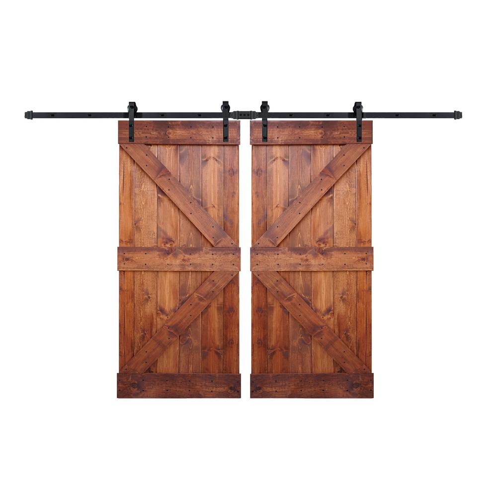 Wellhome 72in X84in K Series Red Walnut Finished Solid Knotty Pine Wood Double Sliding Interior Barn Door Slab W Hardware Kit