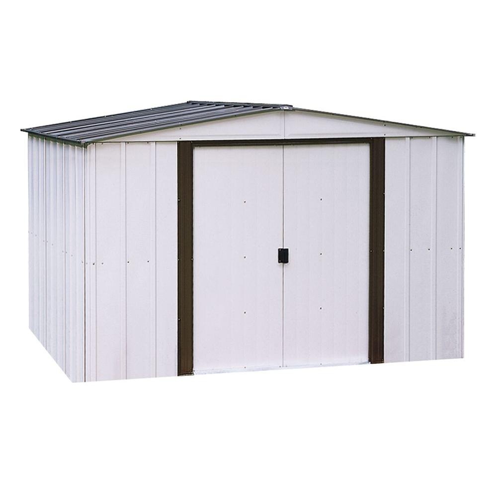 Arrow Newport 10 ft. W x 8 ft. D 2-Tone Eggshell and Coffee Galvanized Metal Shed with Galvanized Steel Floor Frame Kit, Whites