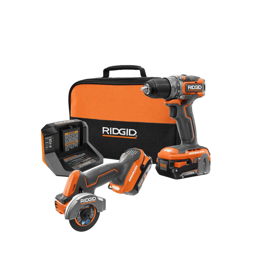 RIDGID 18-Volt SubCompact Lithium-Ion Brushless Drill Kit, 3 In. Multi ...