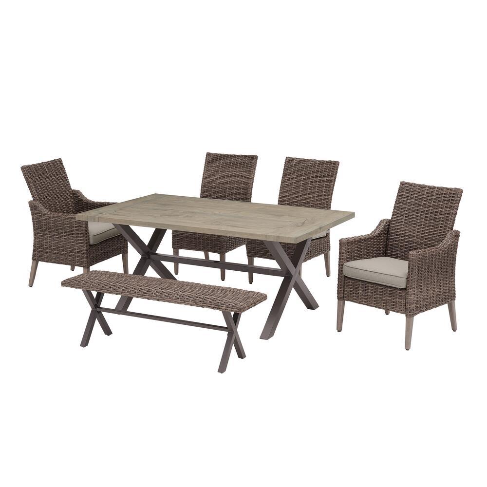 Hampton Bay Rock Cliff 6 Piece Brown Wicker Outdoor Patio Dining Set With Bench And Cushionguard Riverbed Tan Cushions Frs81146 St 1 The Home Depot - Patio Dining Set Wicker