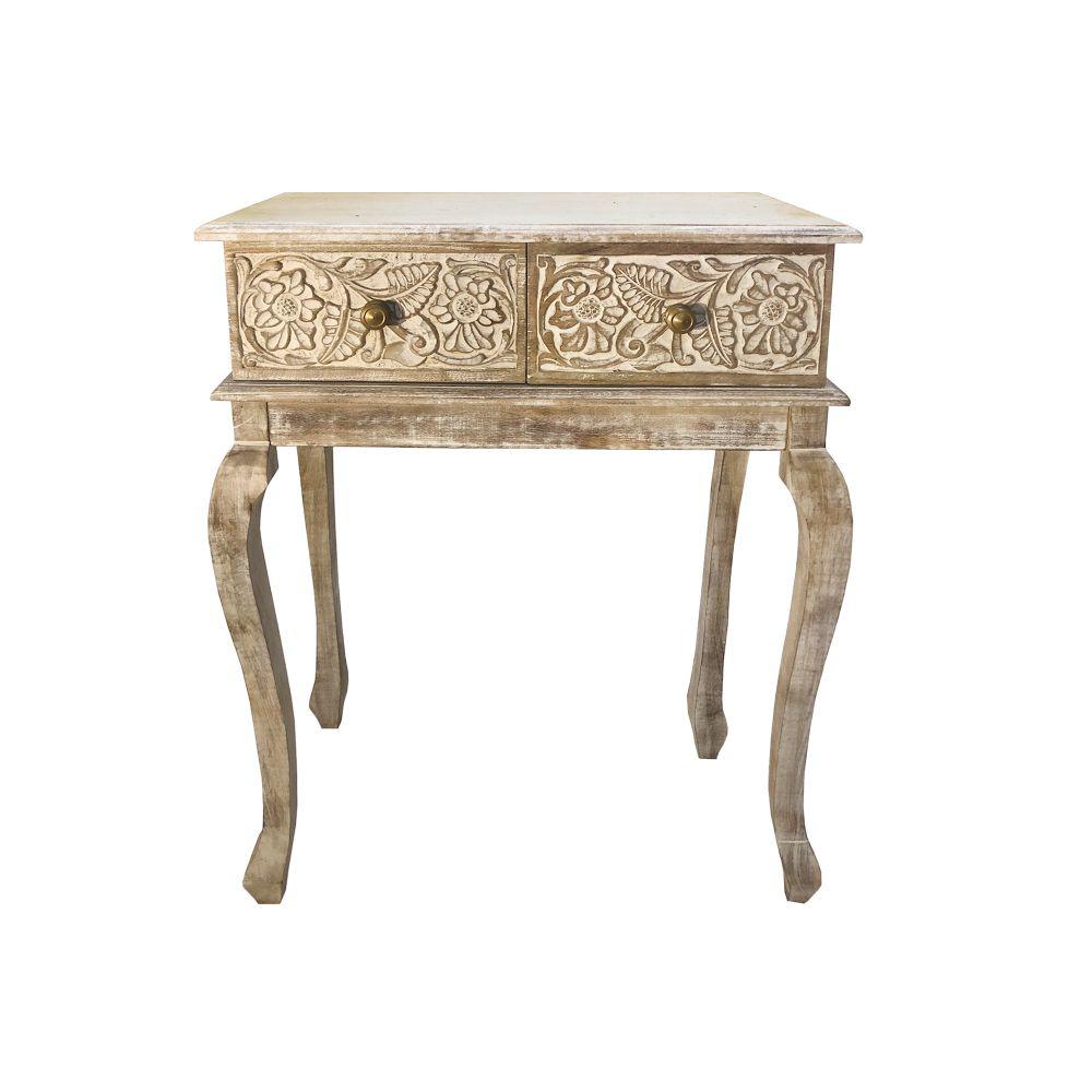 2 Drawer Mango Wood Console Table with Floral Carved Front Brown/White - The Urban Port