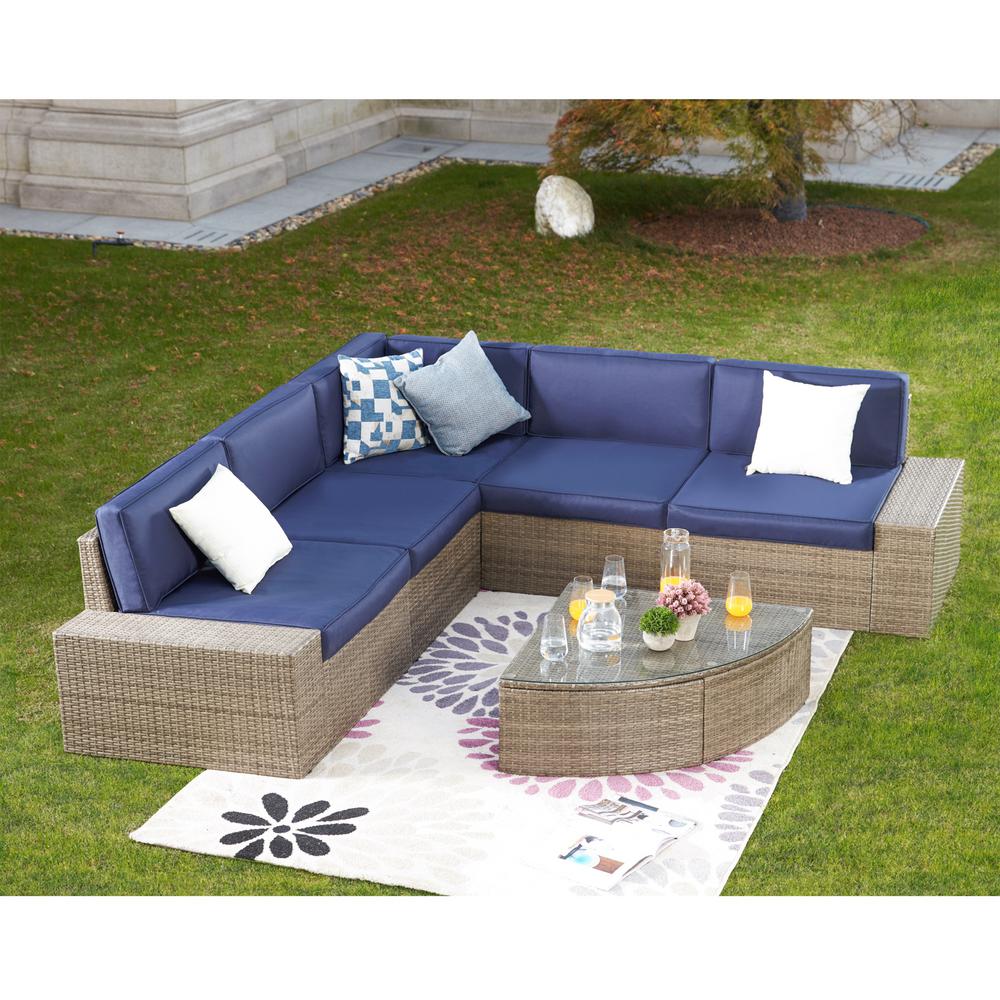 Patio Festival 6Piece Wicker Outdoor Sectional Set with Blue Cushions