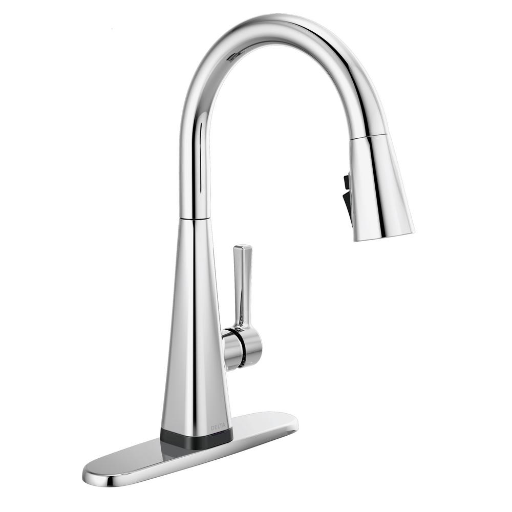 Delta Lenta Touch Single Handle Pull Down Sprayer Kitchen Faucet With Shieldspray Technology In Chrome 19802tz Dst The Home Depot