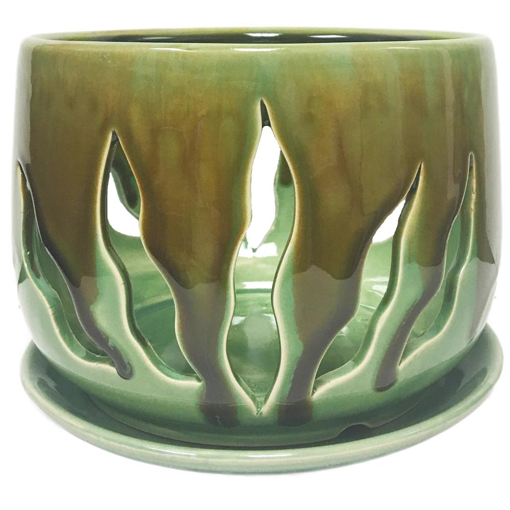 BetterGro 7 in. Green Ceramic Lilly Design Orchid Pot54027 The Home