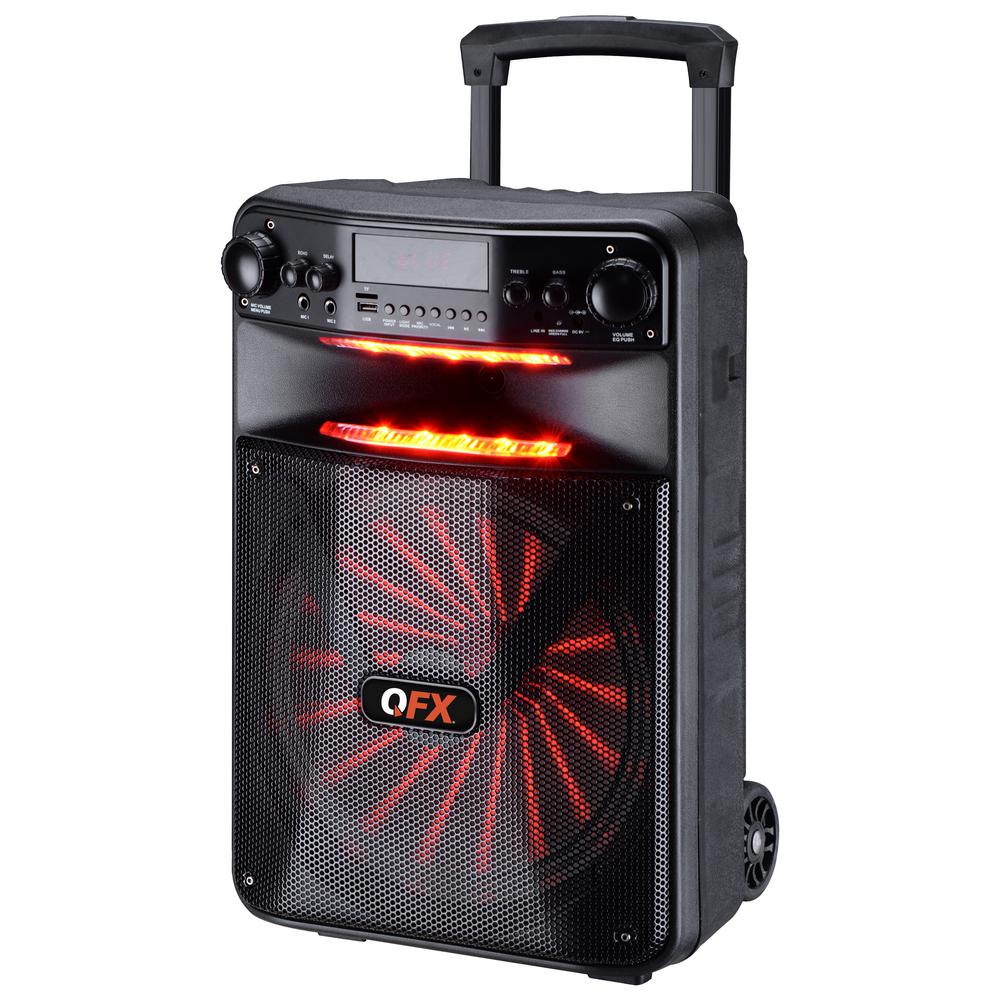 QFX Portable Bluetooth Rechargeable Party Speaker with 12 in. Woofer, RGB Lights, FM Radio