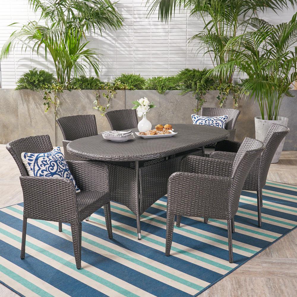 Noble House Corsica Gray 7 Piece Wicker Outdoor Dining Set 304519 Corsica Gray 7 Piece Wicker Outdoor Dining Set