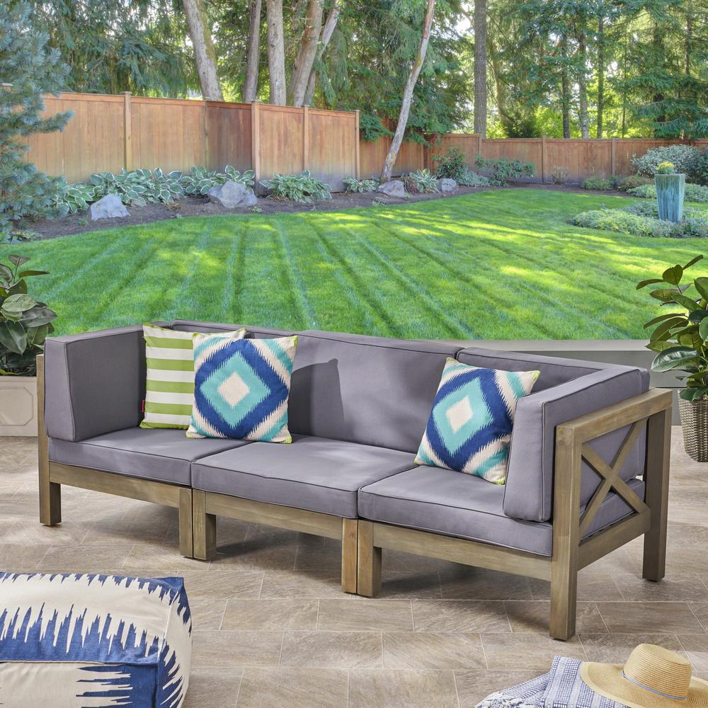 Noble House Hadlee Gray 3 Piece Wood Outdoor Sofa With Dark Gray