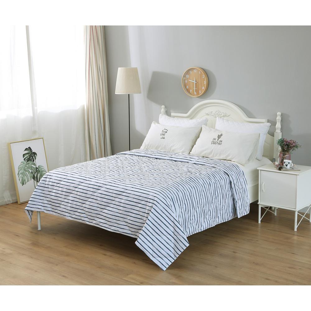 St James Home Microfiber Nano Full Queen White Navy Stripe Blanket P18 0211 Q S The Home Depot