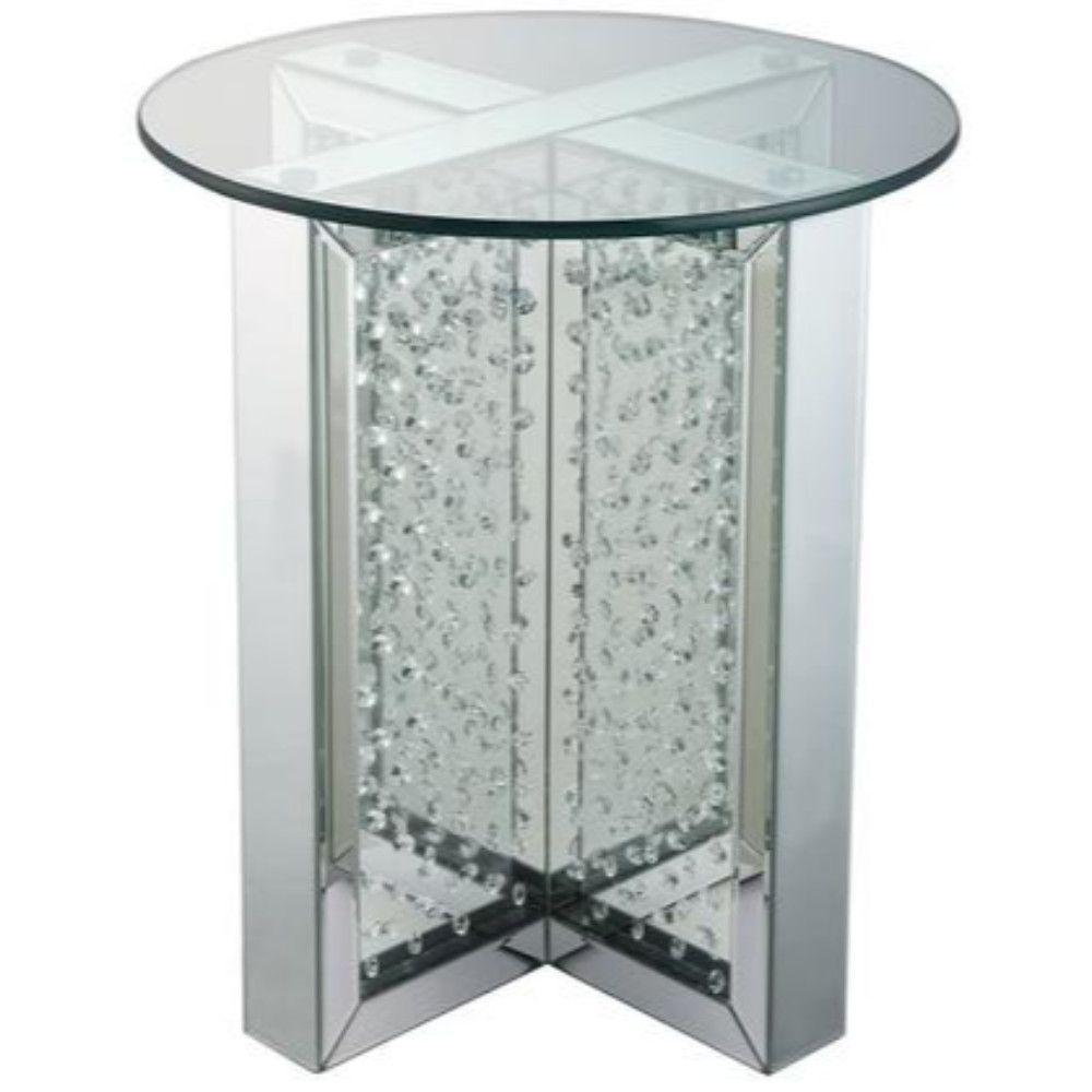 Benjara Silver Round Mirrored Metal End Table With Glass Top And Crystal Accent Base Bm The Home Depot