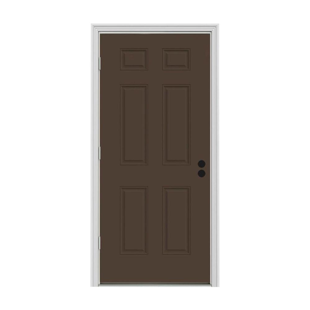 36 In X 80 In 6 Panel Dark Chocolate Painted Steel Prehung Right Hand Outswing Front Door W Brickmould