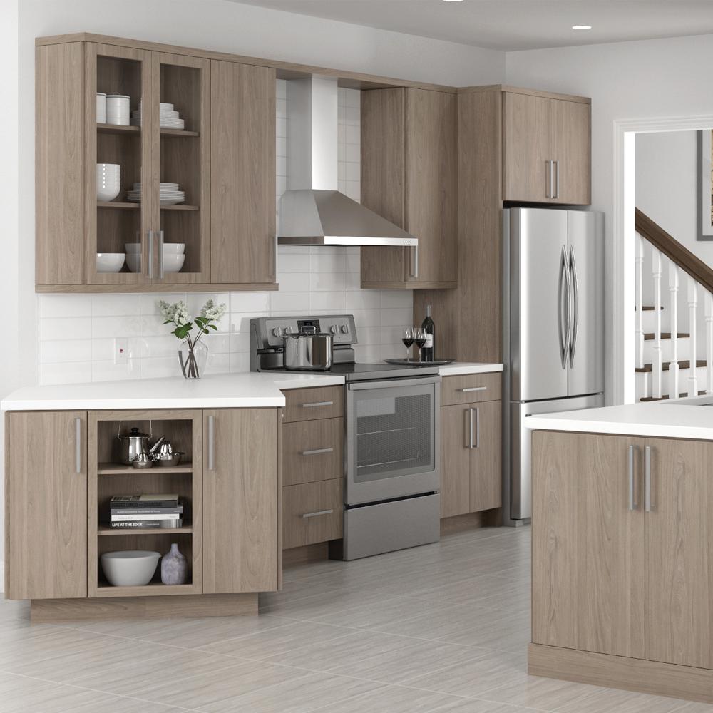 Hampton Bay Designer Series Edgeley Assembled 33x34 5x23 In Blind Corner Base Kitchen Cabinet In Driftwood Bb42r Eddw The Home Depot