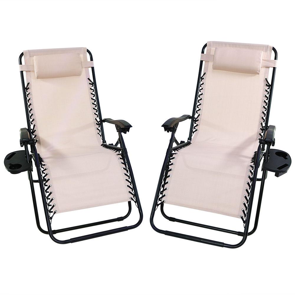 Sunnydaze Decor Oversized Beige Zero Gravity Sling Patio Lounge Chair with Cupholder (2-Pack)-TL ...