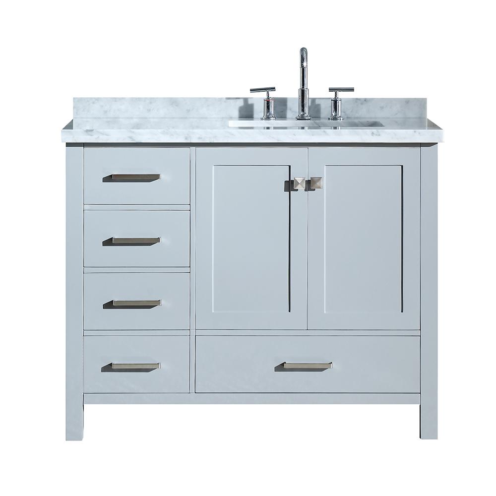 2 Soft Closing Doors 5 Full Extension Dovetail Drawers ARIEL Bathroom Vanity 43 Inch with Carrara White Marble Countertop and Oval Sink in Espresso with Backsplash No Mirror