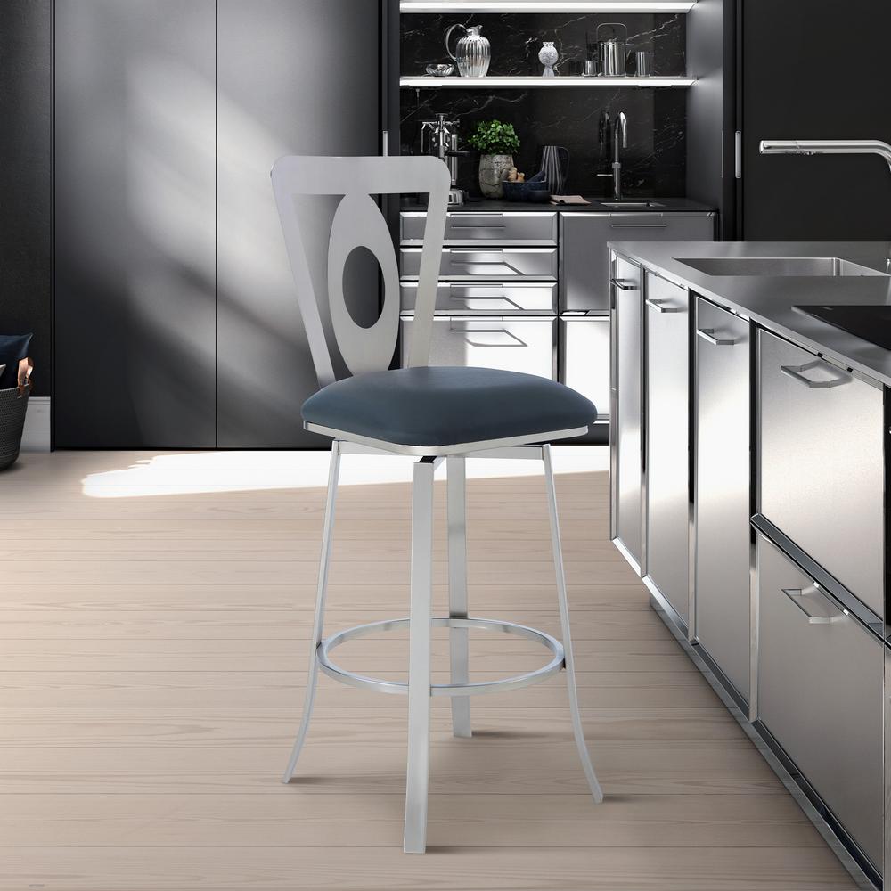 Armen Living Akira Contemporary 26 In Counter Height In Brushed Stainless Steel Finish And Grey Faux Leather Bar Stool 721535737581 The Home Depot