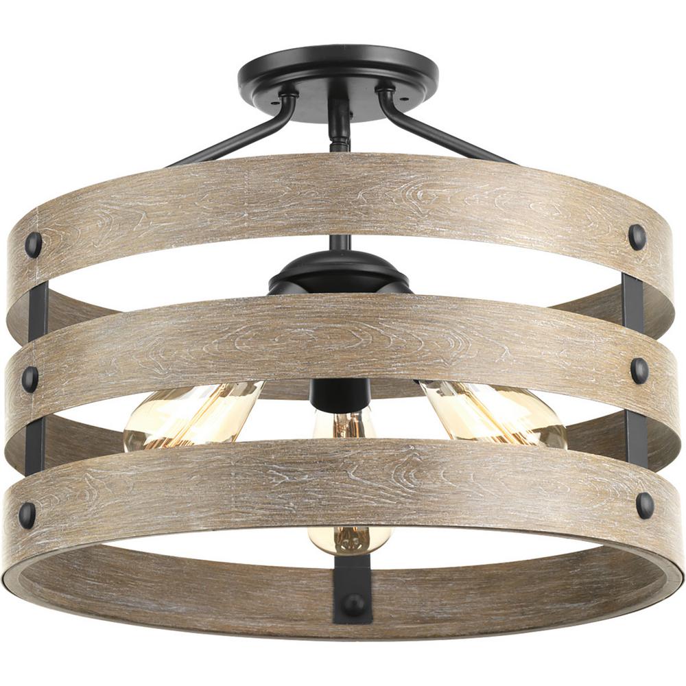 Gulliver 17 In 3 Light Graphite Hallway Semi Flush Mount With Weathered Gray Wood Accents