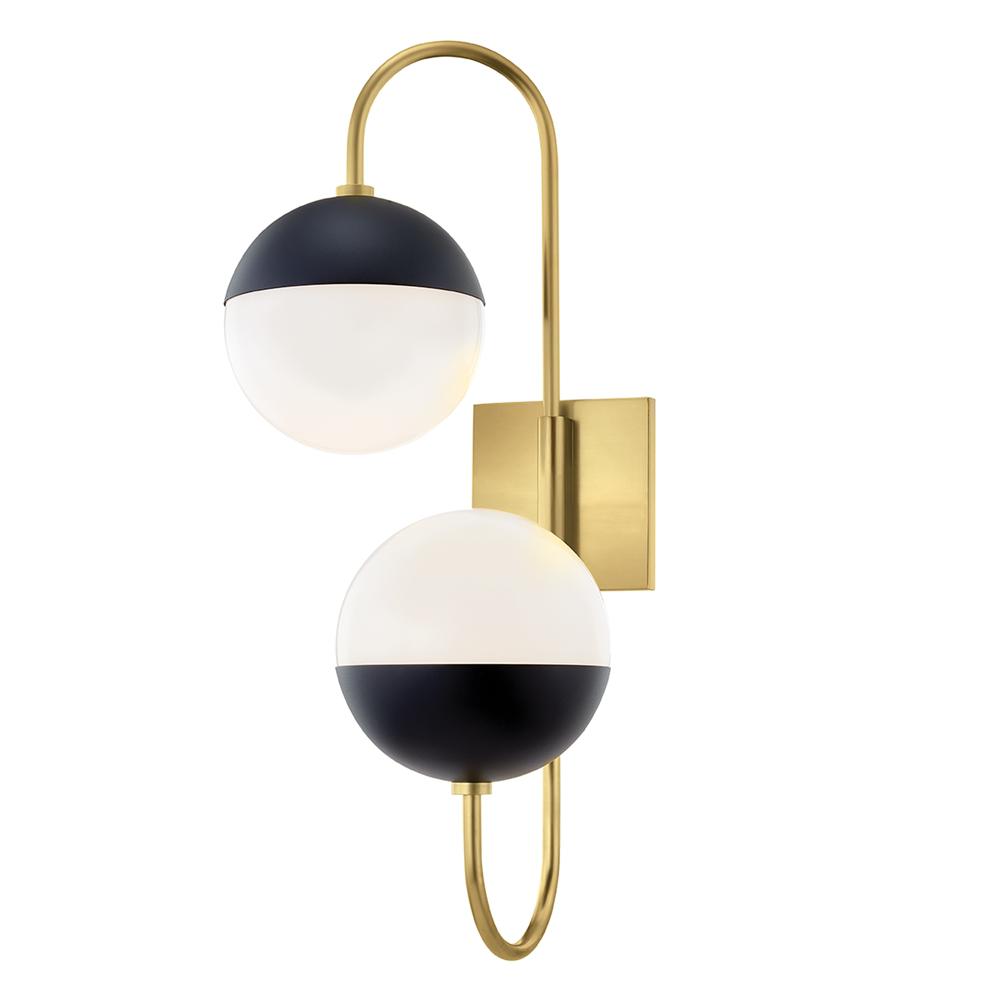 Renee 2 Light Aged Br Black Wall Sconce With Opal Glossy Shade Renee 2 Light Aged Br Black Wall