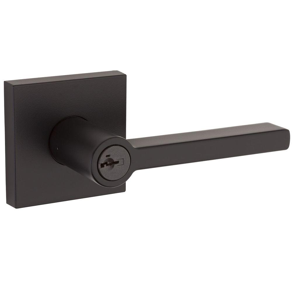 Kwikset Entry Black Door Levers Hardware The Home Depot Halifax Square Iron Black Keyed Entry Door Lever