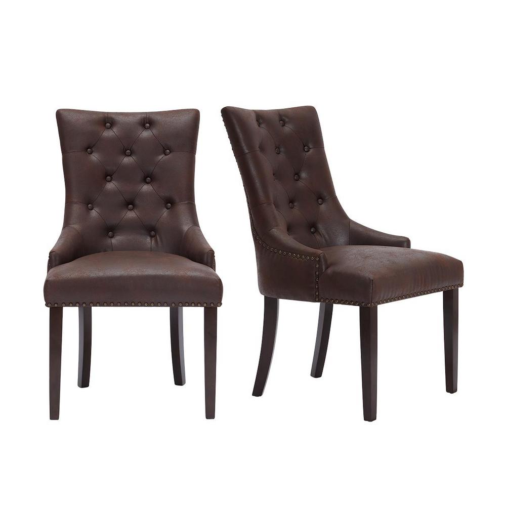 Home Decorators Collection Bardell Upholstered Tufted Dining Chair With Brown Faux Leather Seat And Nailheads Set Of 2 22 In W X 38 In H 3186 D Chair W The Home Depot