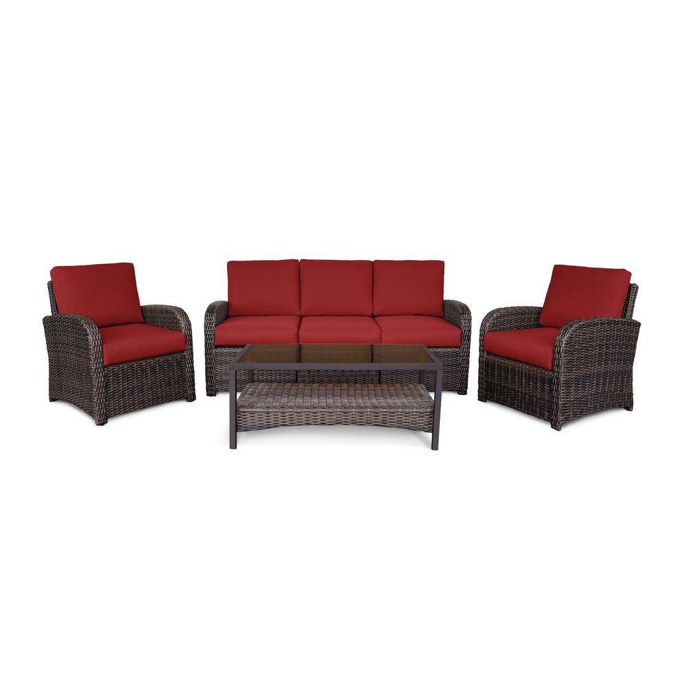 Crosley Bradenton 4 Piece Outdoor Wicker Seating Set With Sangria Cushions Loveseat 2 Arm Chairs And Glass Top Table Ko70024wb Sg The Home Depot