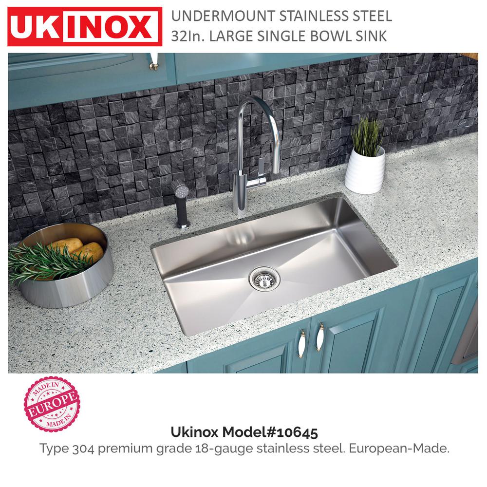 Ukinox Undermount Stainless Steel 32 In Single Bowl Kitchen Sink With Strainer Basket - Ukinox Stainless Steel Kitchen Sinks Ukinox Undermount Stainless Steel 32 In Single Bowl Kitchen Sink With Strainer Basket - Ukinox Stainless Steel Kitchen Sinks