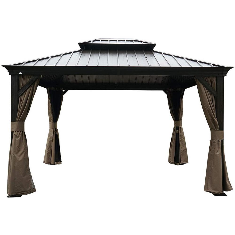 Sunjoy Atasha 10 ft. x 12 ft. Brown Steel Gazebo with 2Tier Hip Roof Hardtop with Mosquito