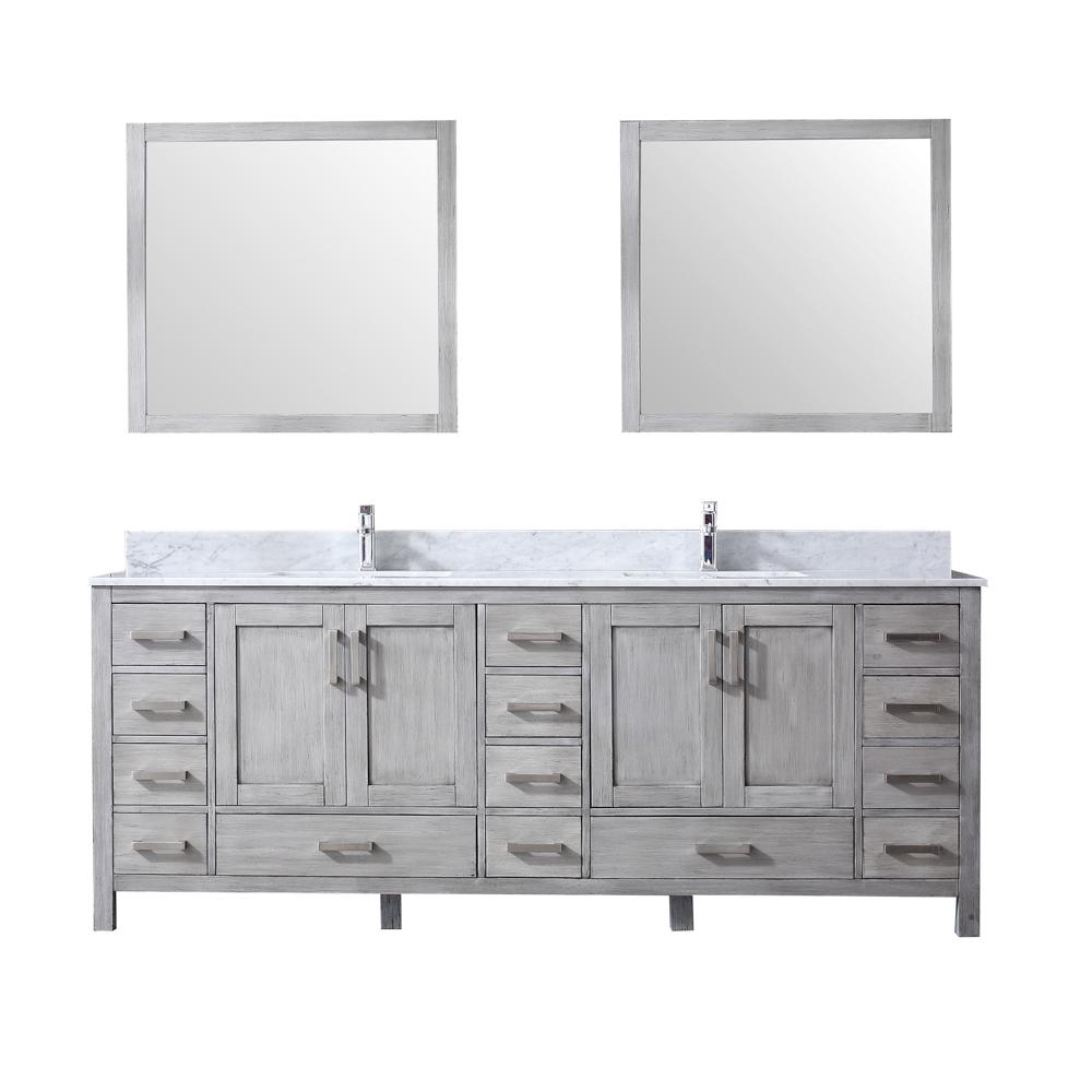 Lexora 84 In Double Bath Vanity In Distressed Grey W White Carrera Marble Top W White Square Sinks And 34 In Mirrors Lj342284dddsm34 The Home Depot