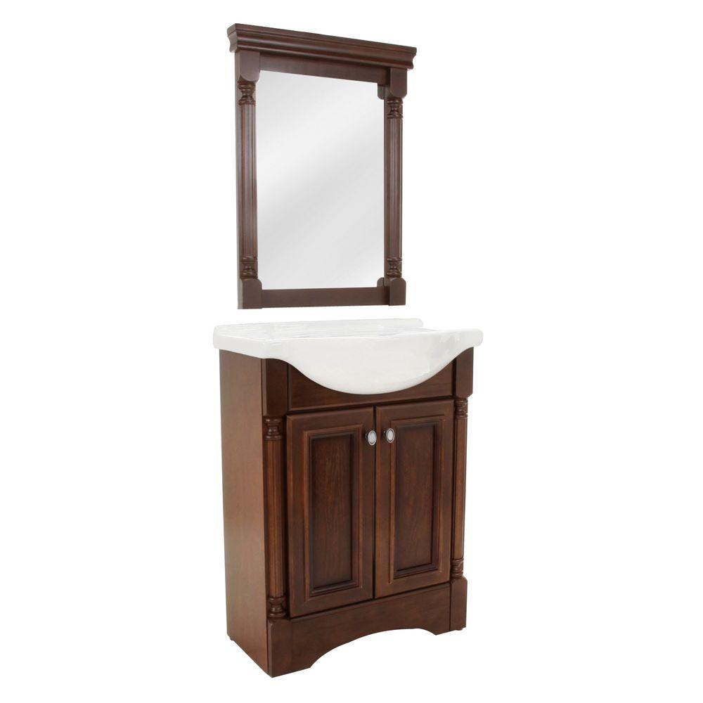 Glacier Bay Valencia 25 In W X 19 In D Bath Vanity In Glazed Hazelnut With Porcelain Vanity Top In White And Wall Mirror Va25eup3com Hg The Home Depot