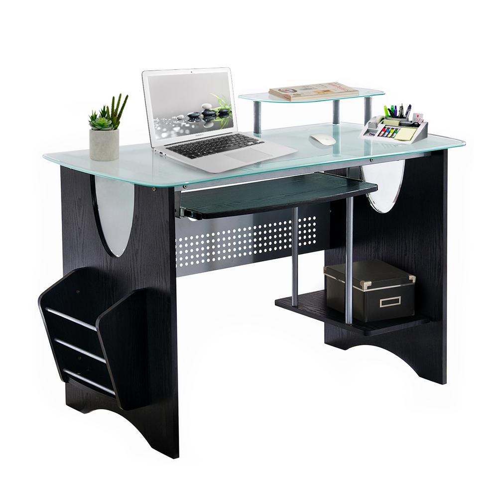 Techni Mobili Espresso Stylish Frosted Glass Top Computer Desk with